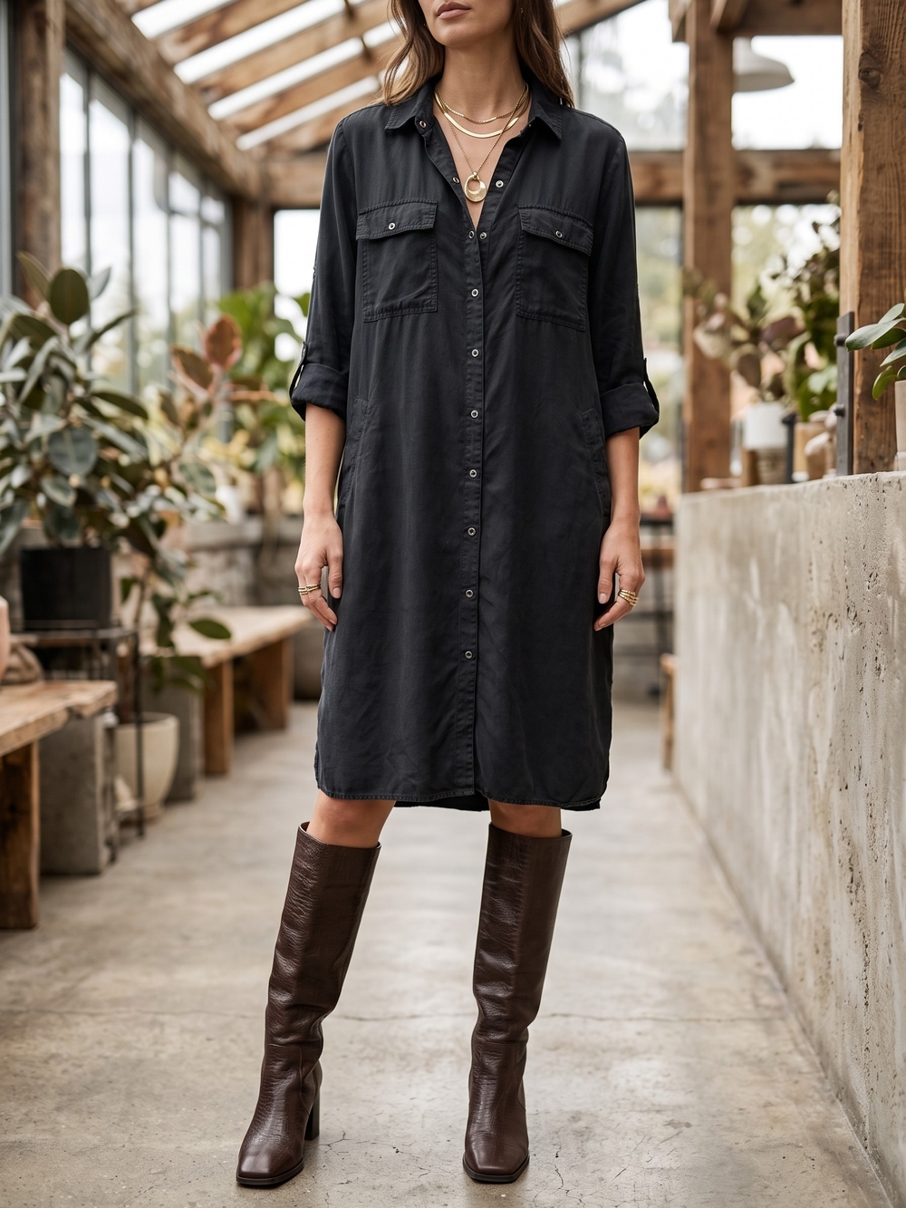 Standard Grace Black Lyocell Utility Shirt Dress Modern Minimalist Quiet Luxury